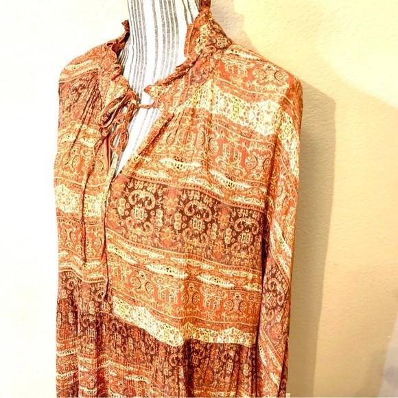 VICI Tunic Top Medium Orange Brown Rust 100% Rayon Long-Slvs Boho Flowy Smocked - Picture 7 of 16
